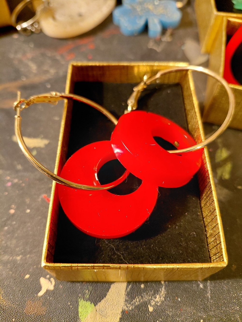 Gold Hoop Earrings with Bright Red Resin Circle Charms